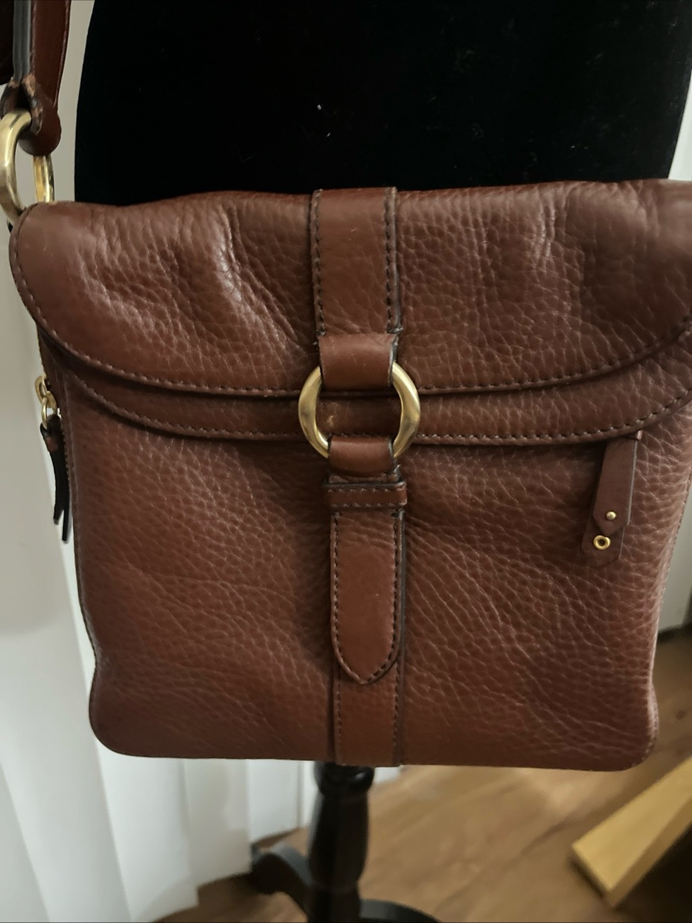 GUC Cole Haan Brown Leather Crossbody Bag with Gold Ring Accent